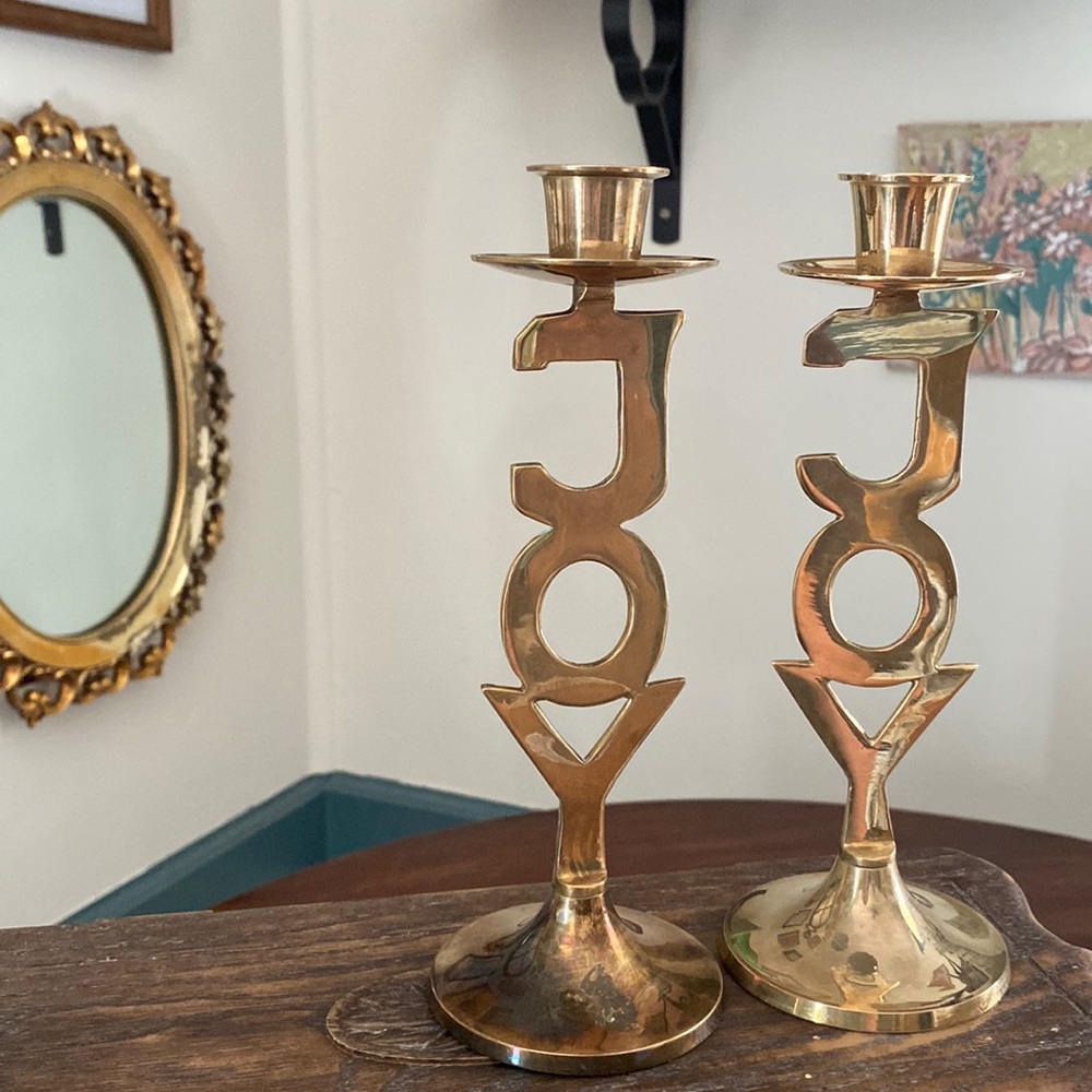 Vintage Set of 2 solid brass JOY candlestick holders